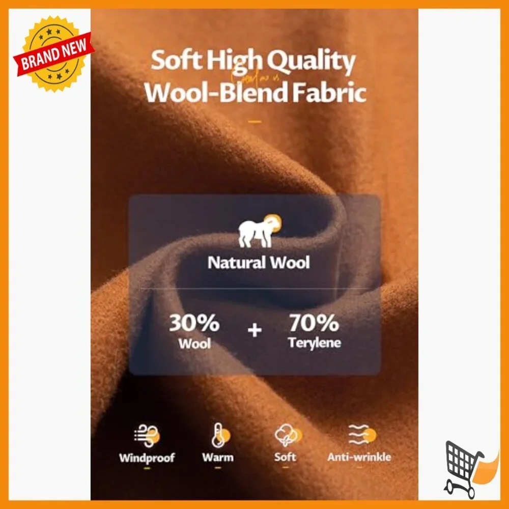 Men's Wool Blend Pea Coat with Detachable Hood, Windproof Overcoat